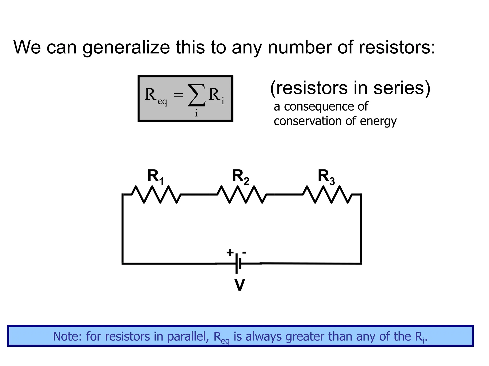 We can generalize this to any number of resistors:
(resistors in series)
a consequence of
conservation of energy
R3
R2
R1
+ -
V
eq i
i
R R
 
Note: for resistors in parallel, Req is always greater than any of the Ri.
 