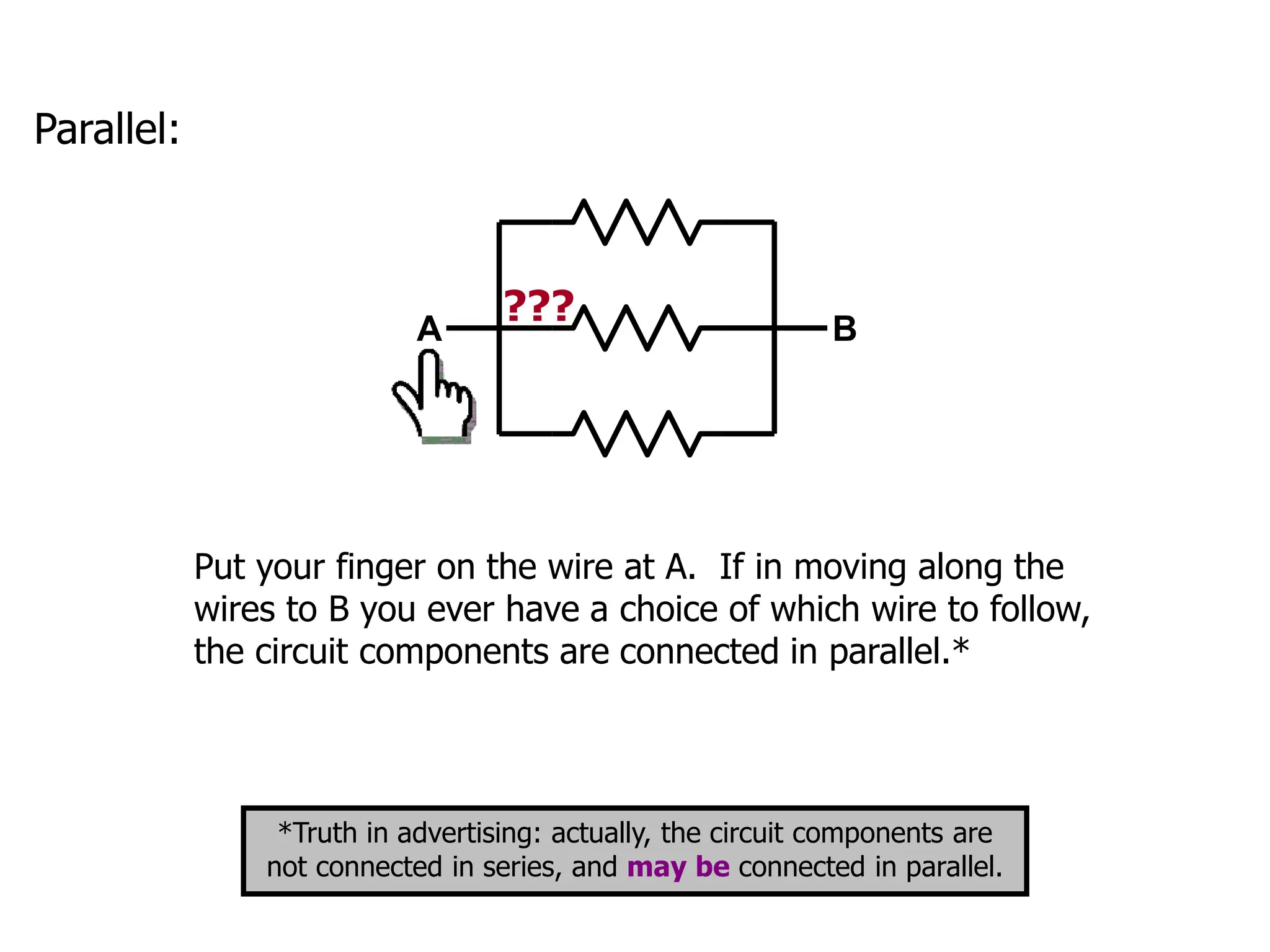 Parallel:
A B
Put your finger on the wire at A. If in moving along the
wires to B you ever have a choice of which wire to follow,
the circuit components are connected in parallel.*
*Truth in advertising: actually, the circuit components are
not connected in series, and may be connected in parallel.
???
 