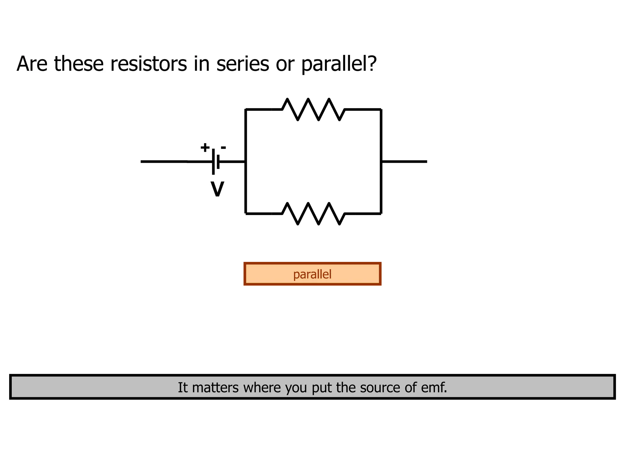 Are these resistors in series or parallel?
It matters where you put the source of emf.
+ -
V
parallel
 