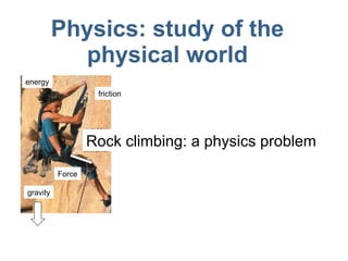 Physics: study of the physical world Rock climbing: a physics problem gravity friction energy Force 