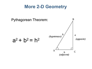 More 2-D Geometry Pythagorean Theorem: a 2  + b 2  = h 2 