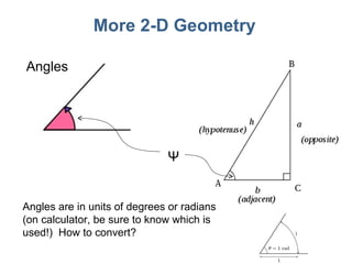 More 2-D Geometry Angles are in units of degrees or radians (on calculator, be sure to know which is used!)  How to convert? Ψ Angles 