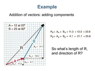 Example Addition of vectors: adding components So what’s length of R, and direction of R? 
