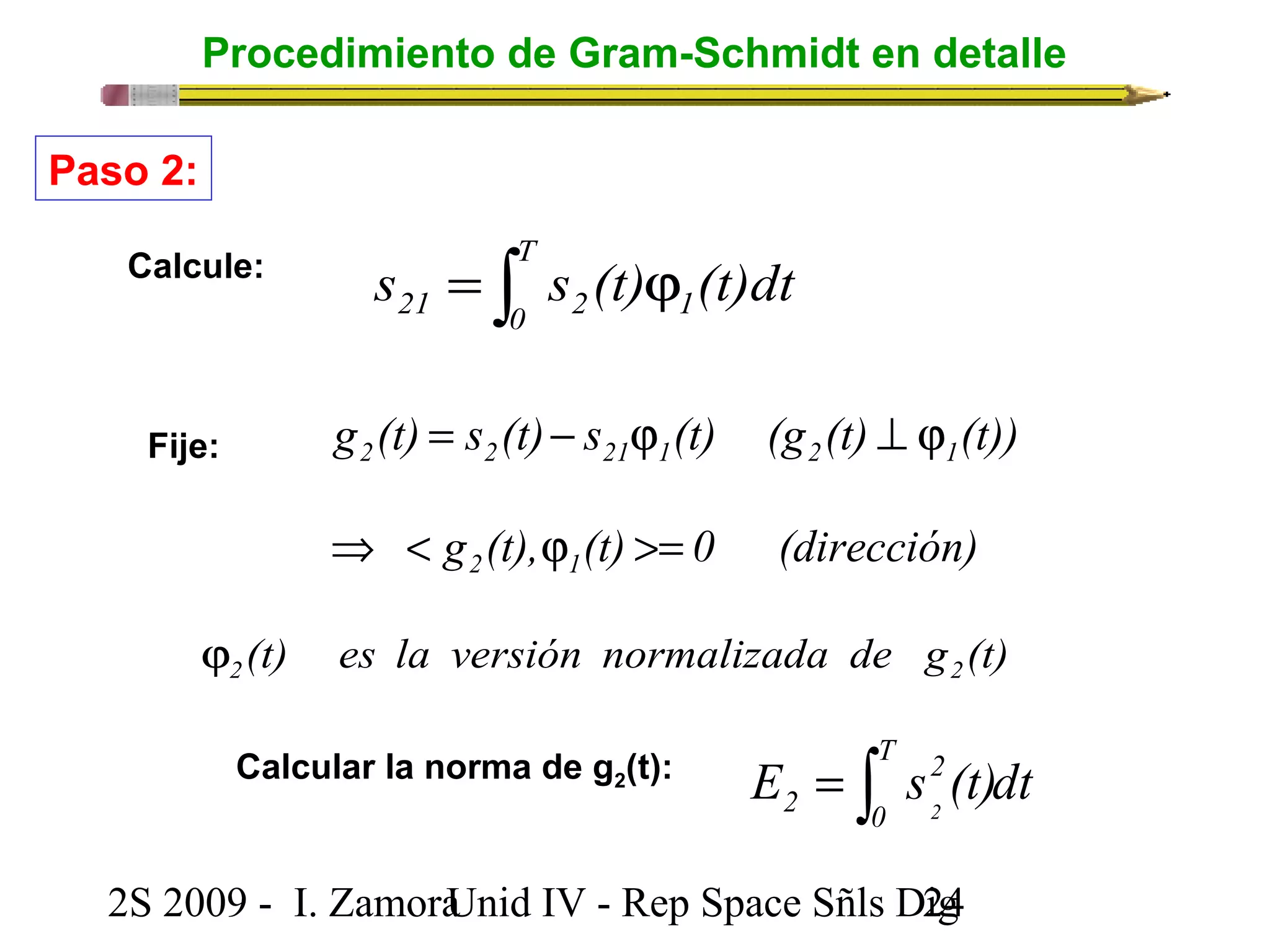 Procedimiento de Gram-Schmidt en detalle 
= ò j T 
21 0 2 1s s (t) (t)dt 
g (t) s (t) s (t) (g (t) (t)) 2 2 21 1 2 1 = - j ^ j 
g (t), (t) 0 (dirección) 2 1 Þ < j >= 
Calcule: 
Fije: 
(t) es la versión normalizada de g (t) 2 2 j 
Paso 2: 
E s (t)dt T 
Calcular la norma de g2(t): = 2 ò 
0 
2 2 
2S 2009 - I. ZamoraU n i d IV - Rep Space Sñls D2ig4 
 