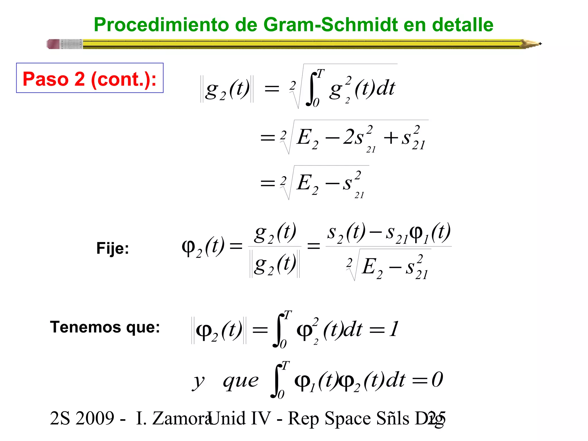 Procedimiento de Gram-Schmidt en detalle 
Paso 2 (cont.): = ò 
g (t) 2 
g (t)dt 
T 
0 
2 
2 
2 2 
E 2s s 
= - + 
2 
2 2 
21 
2 
21 
21 
E s 
= - 
s (t) s (t) 
2 
2 
j = = - j 
2 21 1 
(t) g (t) 
2 E s 
2 2 
- 
2 21 
2 
g (t) 
2 
Fije: 
T 
0 
2 
Tenemos que: ò 
(t) (t)dt 1 
j = j = 
2 2 
T 
0 1 
ò 
y que j (t) j (t)dt = 
0 
2 
2S 2009 - I. ZamoraU n i d IV - Rep Space Sñls D2ig5 
 