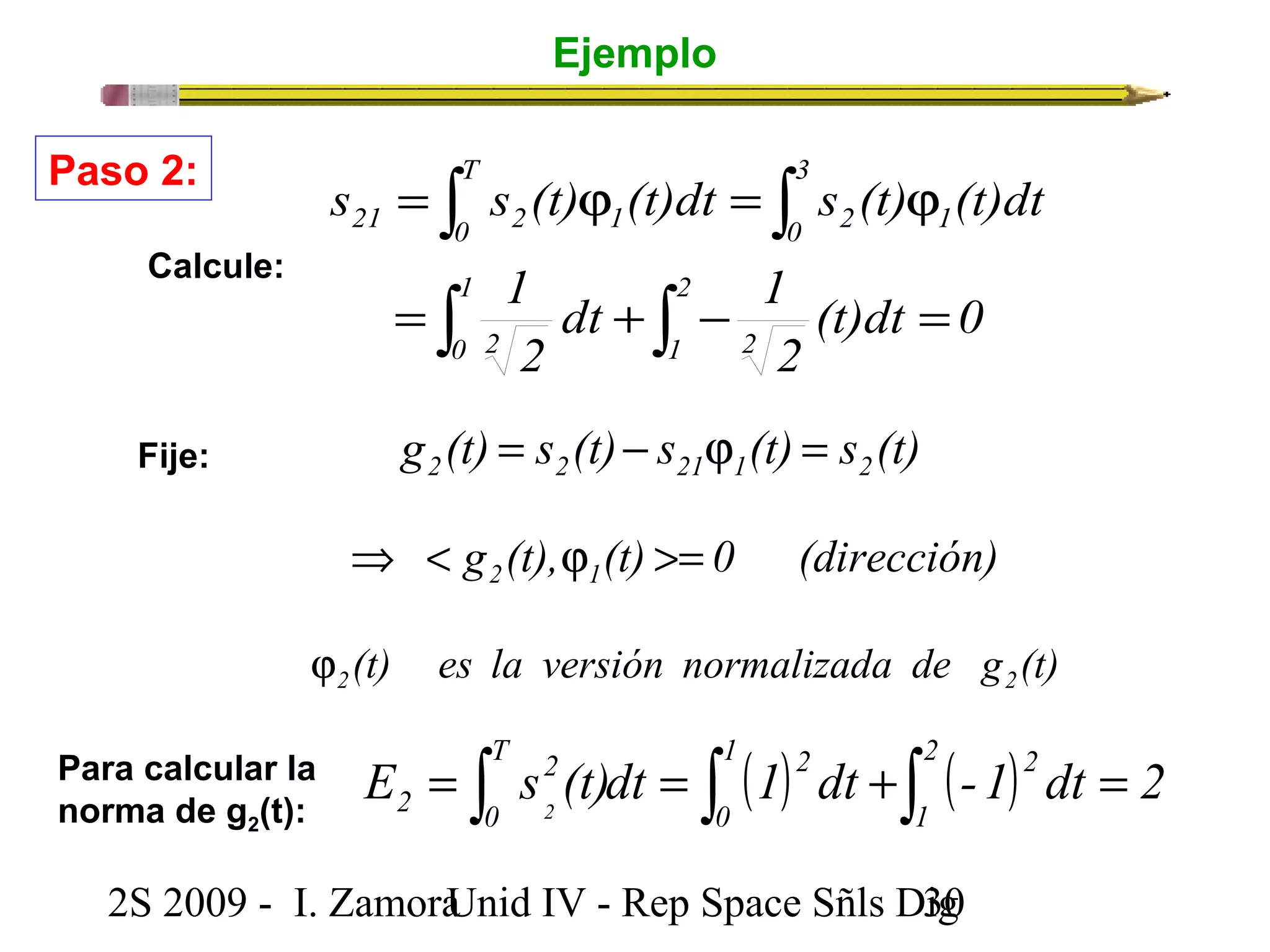 Ejemplo 
ò ò Paso 2: 
3 
0 2 1 
T 
s s (t) (t)dt s (t) (t)dt 
= j = j 
ò ò 
21 0 2 1 
= 1 
+ - = 
dt 1 
2 
(t)dt 0 
2 
2 
1 2 
1 
0 2 
g (t) s (t) s (t) s (t) 2 2 21 1 2 = - j = 
g (t), (t) 0 (dirección) 2 1 Þ < j >= 
(t) es la versión normalizada de g (t) 2 2 j 
Calcule: 
Fije: 
E s (t)dt (1) dt (-1) dt 2 2 
T 2 
0 
1 2 
0 
Para calcular la = 2 
= = 
norma de g2(t): 
2 ò ò +ò 2 1 
2S 2009 - I. ZamoraU n i d IV - Rep Space Sñls D3ig0 
 