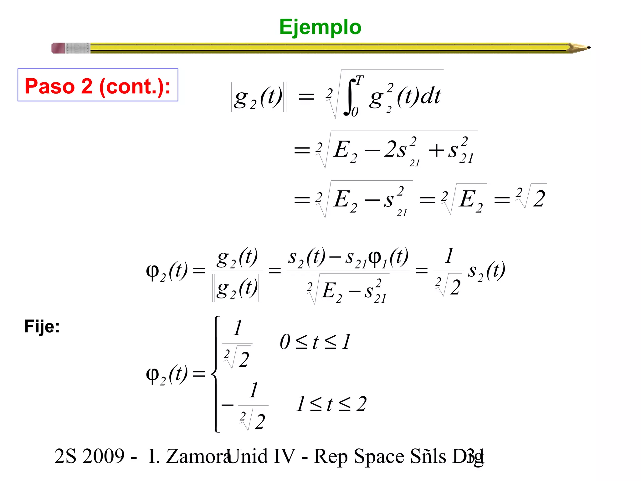 Ejemplo 
Paso 2 (cont.): = ò 
g (t) 2 
g (t)dt 
T 
0 
2 
2 
2 2 
E 2s s 
= - + 
2 
2 2 
21 
E s E 2 
= - = = 
2 
2 
21 
s (t) s (t) 
2 
(t) g (t) 
j = = - j 
2 
g (t) 
ì 
ï ïî 
ï ïí 
2 21 1 
21 
2 2 
2 
2 2 2 2 
E s 
2 21 
0 £ t £ 
1 
- 
1 t 2 
2 
1 
2 
1 
2 
- £ £ 
(t) 
2 
j = 
= 
2 
1 
s (t) 
2 
2 
2 
Fije: 
2S 2009 - I. ZamoraU n i d IV - Rep Space Sñls D3ig1 
 
