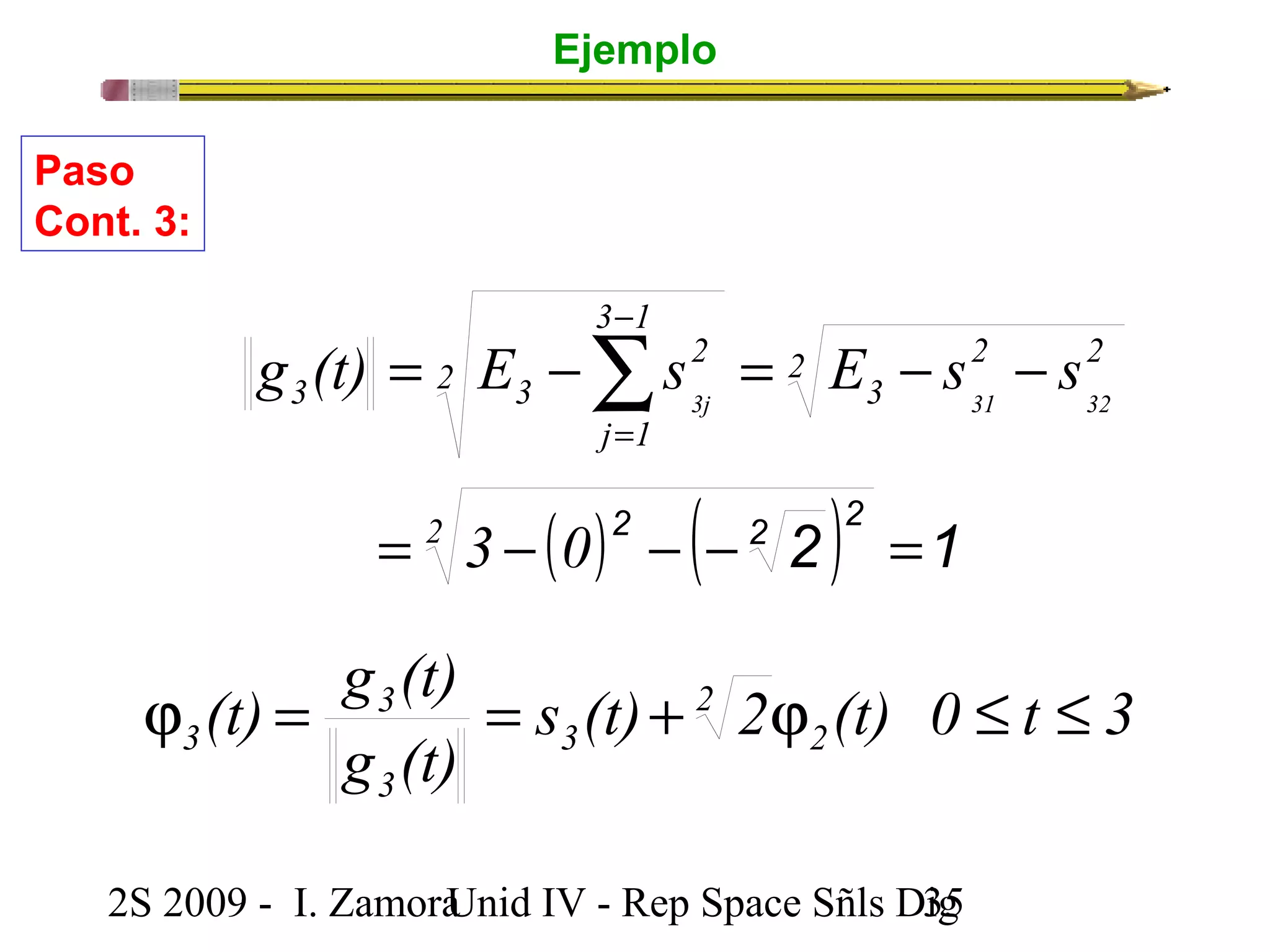 Ejemplo 
3 1 
= - 2 
= - - å- 
g (t) 2 E s E s s3j 3 
31 32 
j = 
1 
2 2 2 
3 3 
= 2 
3 - ( 0 
) 2 - ( - 2 2 ) 2 = 
1 (t) g (t) 2 
s (t) 2 (t) 0 t 3 
Paso 
Cont. 3: 
j = 3 
= + j £ £ 
3 g (t) 
2 
3 
3 
2S 2009 - I. ZamoraU n i d IV - Rep Space Sñls D3ig5 
 