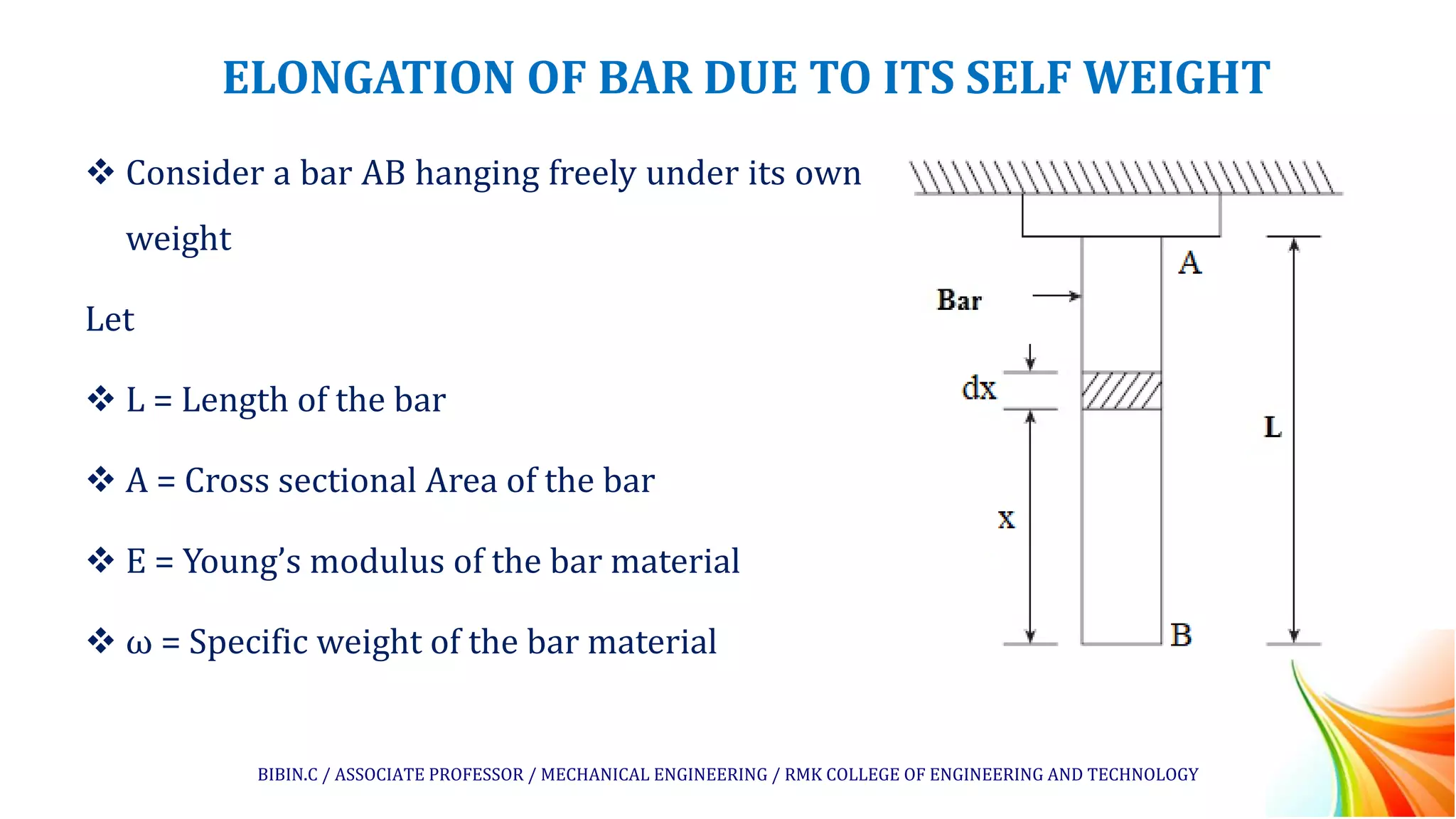ELONGATION OF BAR DUE TO ITS SELF WEIGHT
❖ Consider a bar AB hanging freely under its own
weight
Let
❖ L = Length of the bar
❖ A = Cross sectional Area of the bar
❖ E = Young’s modulus of the bar material
❖ ω = Specific weight of the bar material
BIBIN.C / ASSOCIATE PROFESSOR / MECHANICAL ENGINEERING / RMK COLLEGE OF ENGINEERING AND TECHNOLOGY
 