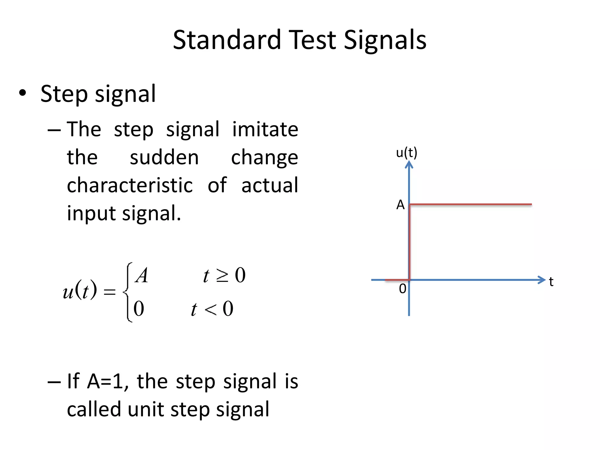 Standard Test Signals
• Step signal
– The step signal imitate
the sudden change
characteristic of actual
input signal.
u( t )

A
0

0

t
t

0

– If A=1, the step signal is
called unit step signal

u(t)
A

0

t

 