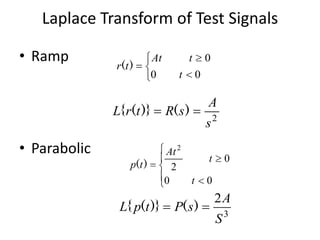 Laplace Transform of Test Signals
• Ramp

r(t )

At
0

L{ r(t )}

• Parabolic
p(t )

L{ p(t )}

0

t
0

t

A

R( s )
At 2
2
0

s2
t
t

P( s )

0

0

2A
S3

 