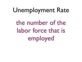 Unemployment Rate
the number of the
labor force that is
employed
 