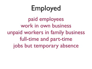 Employed
paid employees
work in own business
unpaid workers in family business
full-time and part-time
jobs but temporary absence
 