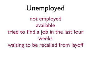 Unemployed
not employed
available
tried to ﬁnd a job in the last four
weeks
waiting to be recalled from layoff
 