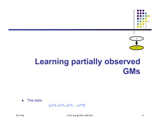 ZZ
X
Learning partially observed
GMsGMs
 The data:
Eric Xing © Eric Xing @ CMU, 2006-2010 17
 The data:
{(x(1)), (x(2)), (x(3)), ... (x(N))}
 