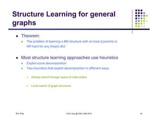 Structure Learning for general
graphsgraphs
 Theorem:
 The problem of learning a BN structure with at most d parents is
NP-hard for any (fixed) d≥2
 Most structure learning approaches use heuristics
 Exploit score decomposition
 Two heuristics that exploit decomposition in different ways Two heuristics that exploit decomposition in different ways
 Greedy search through space of node-orders
 Local search of graph structures
Eric Xing © Eric Xing @ CMU, 2006-2010 30
 