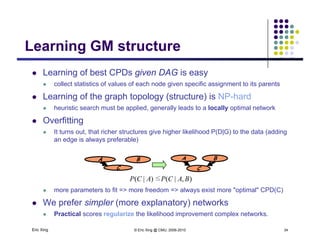 Learning GM structureLearning GM structure
 Learning of best CPDs given DAG is easyg g y
 collect statistics of values of each node given specific assignment to its parents
 Learning of the graph topology (structure) is NP-hard
 heuristic search must be applied generally leads to a locally optimal network heuristic search must be applied, generally leads to a locally optimal network
 Overfitting
 It turns out, that richer structures give higher likelihood P(D|G) to the data (adding
an edge is always preferable)
A
C
BA
C
B
an edge is always preferable)
C
),|(≤)|( BACPACP
 more parameters to fit => more freedom => always exist more "optimal" CPD(C)
We prefer simpler (more explanatory) networks
Eric Xing © Eric Xing @ CMU, 2006-2010 34
 We prefer simpler (more explanatory) networks
 Practical scores regularize the likelihood improvement complex networks.
 
