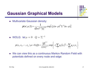 Gaussian Graphical ModelsGaussian Graphical Models
 Multivariate Gaussian density:y
 )-()-(-exp
)(
),|( //


 xxx 1
2
1
212
2
1 


 T
n
p
 WOLG: let
 






  
ji
ji
ij
i
iiinp xxqxq
Q
Qxxxp
2
2
1
2/
2/1
21 -exp
)2(
),0|,,,(


 We can view this as a continuous Markov Random Field with
potentials defined on every node and edge:
Eric Xing © Eric Xing @ CMU, 2006-2010 37
 