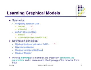 Learning Graphical ModelsLearning Graphical Models
 Scenarios:

 completely observed GMs
 directed
 undirected 

 partially observed GMs
 directed
 undirected (an open research topic)

 Estimation principles:
 Maximal likelihood estimation (MLE)
 Bayesian estimationy
 Maximal conditional likelihood
 Maximal "Margin"
W l i f th f ti ti th
Eric Xing © Eric Xing @ CMU, 2006-2010 4
 We use learning as a name for the process of estimating the
parameters, and in some cases, the topology of the network, from
data.
 