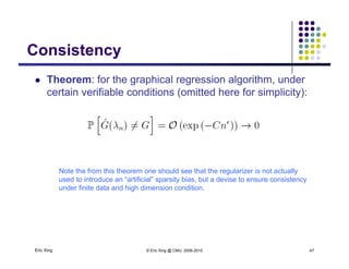 ConsistencyConsistency
 Theorem: for the graphical regression algorithm, underg p g g ,
certain verifiable conditions (omitted here for simplicity):
Note the from this theorem one should see that the regularizer is not actually
used to introduce an “artificial” sparsity bias, but a devise to ensure consistency
d fi it d t d hi h di i ditiunder finite data and high dimension condition.
Eric Xing © Eric Xing @ CMU, 2006-2010 47
 