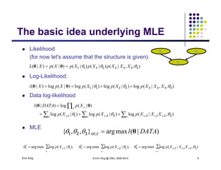 The basic idea underlying MLE
 Likelihood X1 X2
The basic idea underlying MLE
(for now let's assume that the structure is given):
L Lik lih d
X1 X2
X3
);,|()|()|()|()|( 33332211  XXXpXpXpXpXL  θθ
 Log-Likelihood:
 Data log-likelihood
),,|(log)|(log)|(log)|(log)|( 33332211  XXXpXpXpXpXl  θθ
 Data log-likelihood




n nnnn nn n
n n
XXXpXpXp
XpDATAl
),|(log)|(log)|(log
)|(log)|(
,,,,, 32132211 
θθ
 MLE
 nnn ,,,,,
)|(maxarg},,{ DATAlMLE θ321 
Eric Xing © Eric Xing @ CMU, 2006-2010 6
∑∑∑ ),|(logmaxarg,)|(logmaxarg,)|(logmaxarg ,,,
*
,
*
,
*
n
nnn
n
n
n
n XXXpXpXp 32133222111  
 
