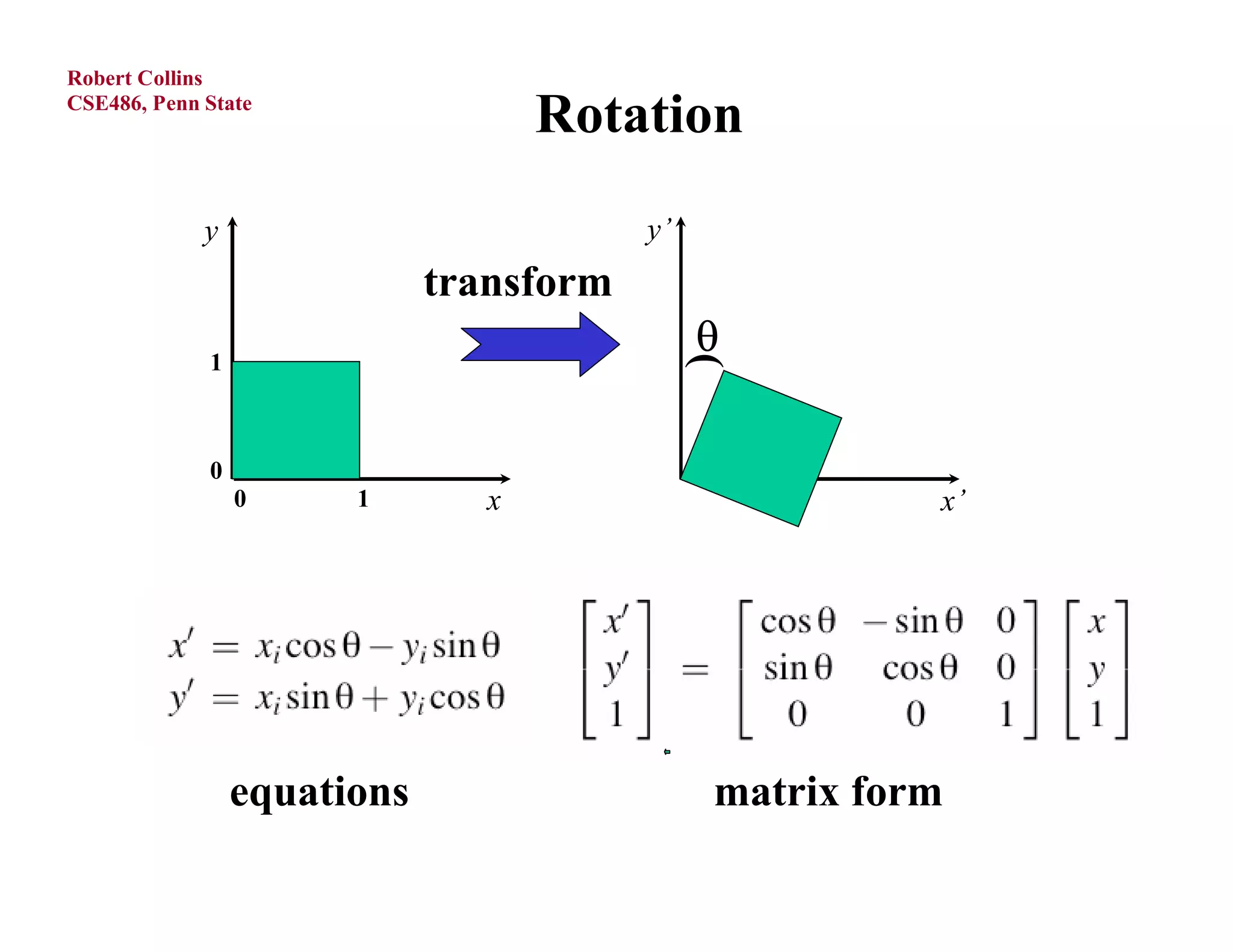 Robert Collins
CSE486, Penn State
                                    Rotation
             y                           y’
                             transform
             1
                                              




                                              )
             0
                 0     1        x                       x’




                 equations                    matrix form
 