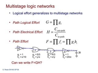 Multistage logic networks
       • Logical effort generalizes to multistage networks

       • Path Logical Effort            G = ∏ gi
                                               Cout-path
       • Path Electrical Effort         H=
                                               Cin-path
       • Path Effort                    F = ∏ f i = ∏ gi hi
                 10
                               x                       z
                                           y
                                                                  20
                 g1 = 1      g2 = 5/3   g3 = 4/3      g4 = 1
                 h1 = x/10   h2 = y/x   h3 = z/y      h4 = 20/z

          Can we write F=GH?
S. Reda EN160 SP’08
 