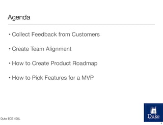 Agenda
• Collect Feedback from Customers
• Create Team Alignment
• How to Create Product Roadmap
• How to Pick Features fo...