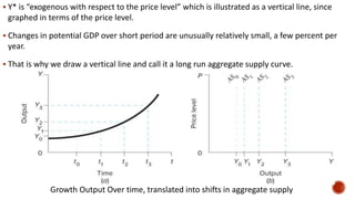  Y* is “exogenous with respect to the price level” which is illustrated as a vertical line, since
graphed in terms of the price level.
 Changes in potential GDP over short period are unusually relatively small, a few percent per
year.
 That is why we draw a vertical line and call it a long run aggregate supply curve.
Growth Output Over time, translated into shifts in aggregate supply
 