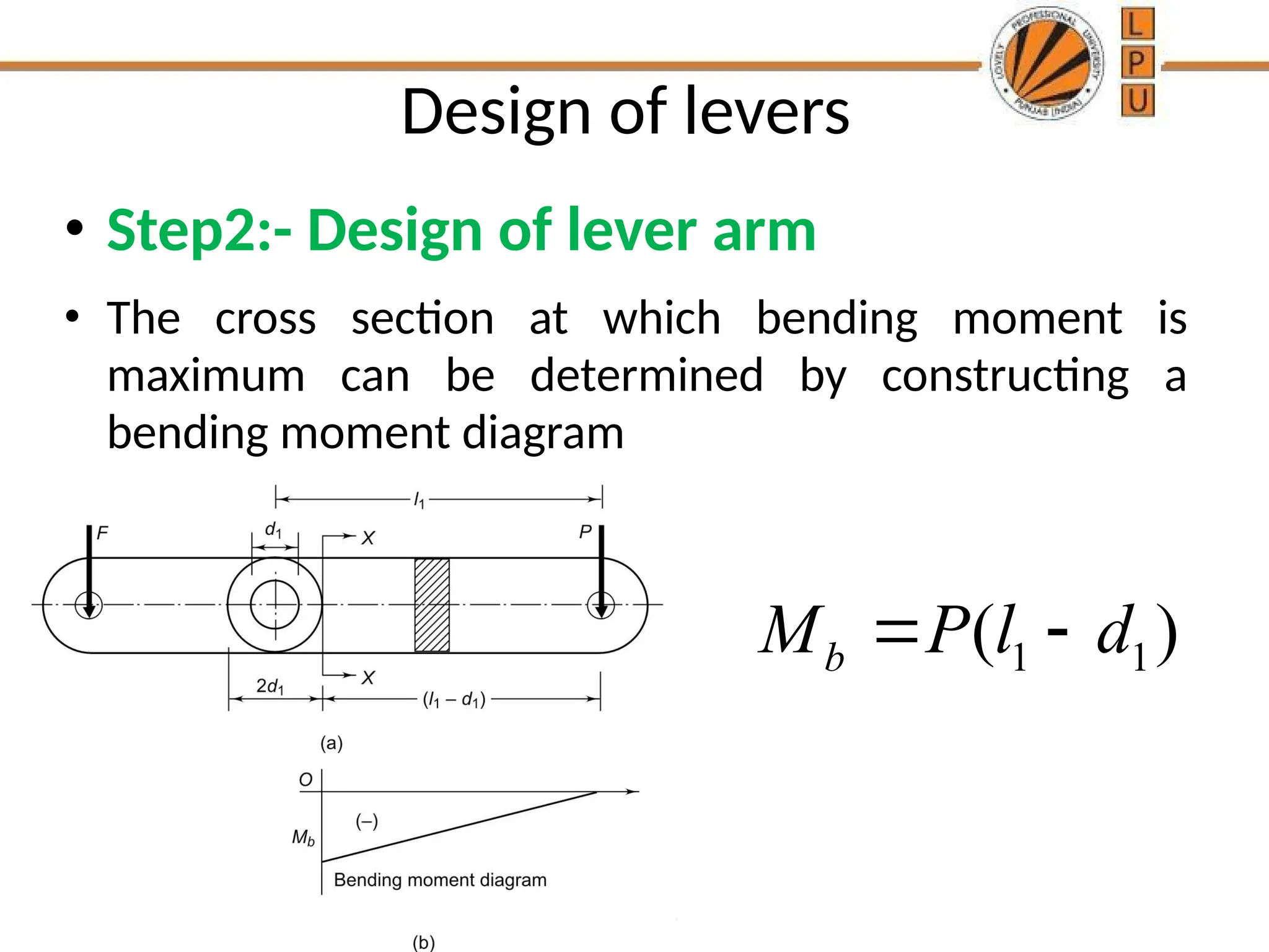 Design of levers
• Step2:- Design of lever arm
• The cross section at which bending moment is
maximum can be determined by constructing a
bending moment diagram
1 1
( )
b
M P l d
 
 