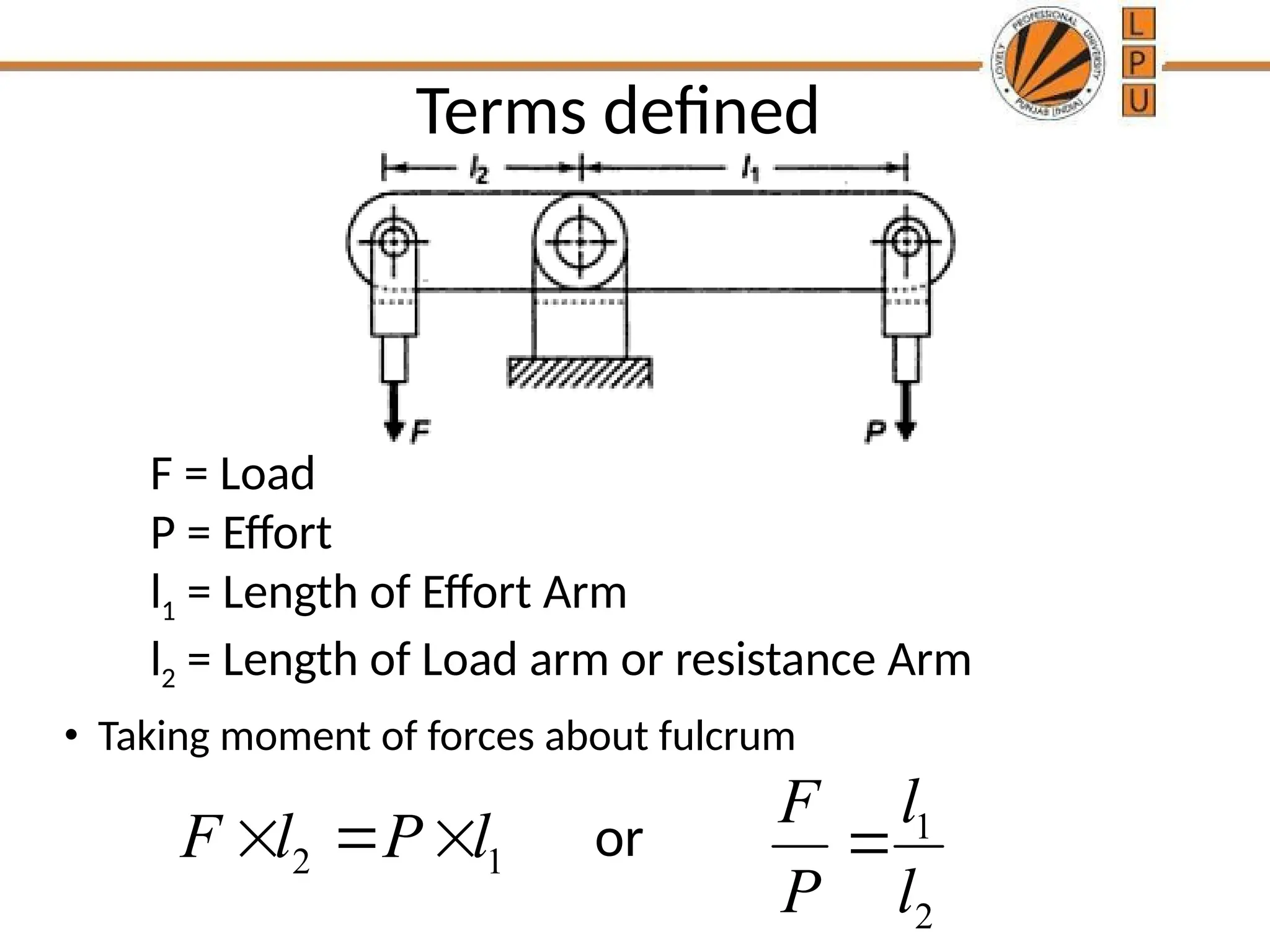 Terms defined
• Taking moment of forces about fulcrum
F = Load
P = Effort
l1 = Length of Effort Arm
l2 = Length of Load arm or resistance Arm
2 1
F l P l
   1
2
l
F
P l

or
 