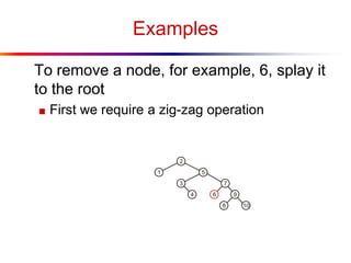 Examples
To remove a node, for example, 6, splay it
to the root
■ First we require a zig-zag operation
 
