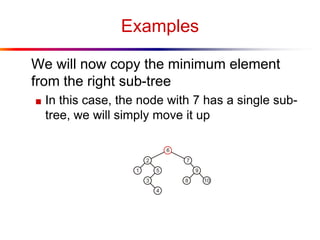 Examples
We will now copy the minimum element
from the right sub-tree
■ In this case, the node with 7 has a single sub-
tree, we will simply move it up
 