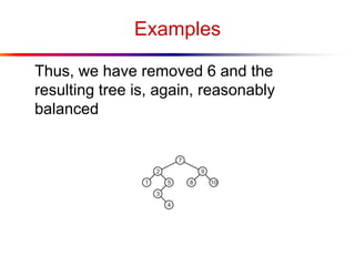 Examples
Thus, we have removed 6 and the
resulting tree is, again, reasonably
balanced
 