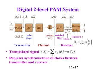 13 - 17
∑ −=
k
bk Tktgats )()(
Digital 2-level PAM System
• Transmitted signal
• Requires synchronization of clocks between
transmitter and receiver
Transmitter Channel Receiver
bi
Clock Tb
PAM g(t) h(t) c(t)
1
0
Σ
ak∈{-A,A} s(t) x(t) y(t) y(ti)
AWGN
w(t)
Decision
Maker
Threshold λ
Sample at
t=iTb
bits
Clock Tb
pulse
shaper
matched
filter






=
1
00
ln
4 p
p
AT
N
b
optλ
 