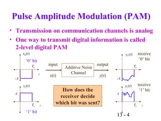 13 - 4
Pulse Amplitude Modulation (PAM)
• Transmission on communication channels is analog
• One way to transmit digital information is called
2-level digital PAM
Τb t
)(1 tx
A
‘1’ bit
Additive Noise
Channel
input output
x(t) y(t)
Τb
)(0 tx
-A
‘0’ bit
t
receive
‘0’ bit
receive
‘1’ bit
)(0 ty
Τb
-A
Τb t
)(1 ty
A
How does the
receiver decide
which bit was sent?
 