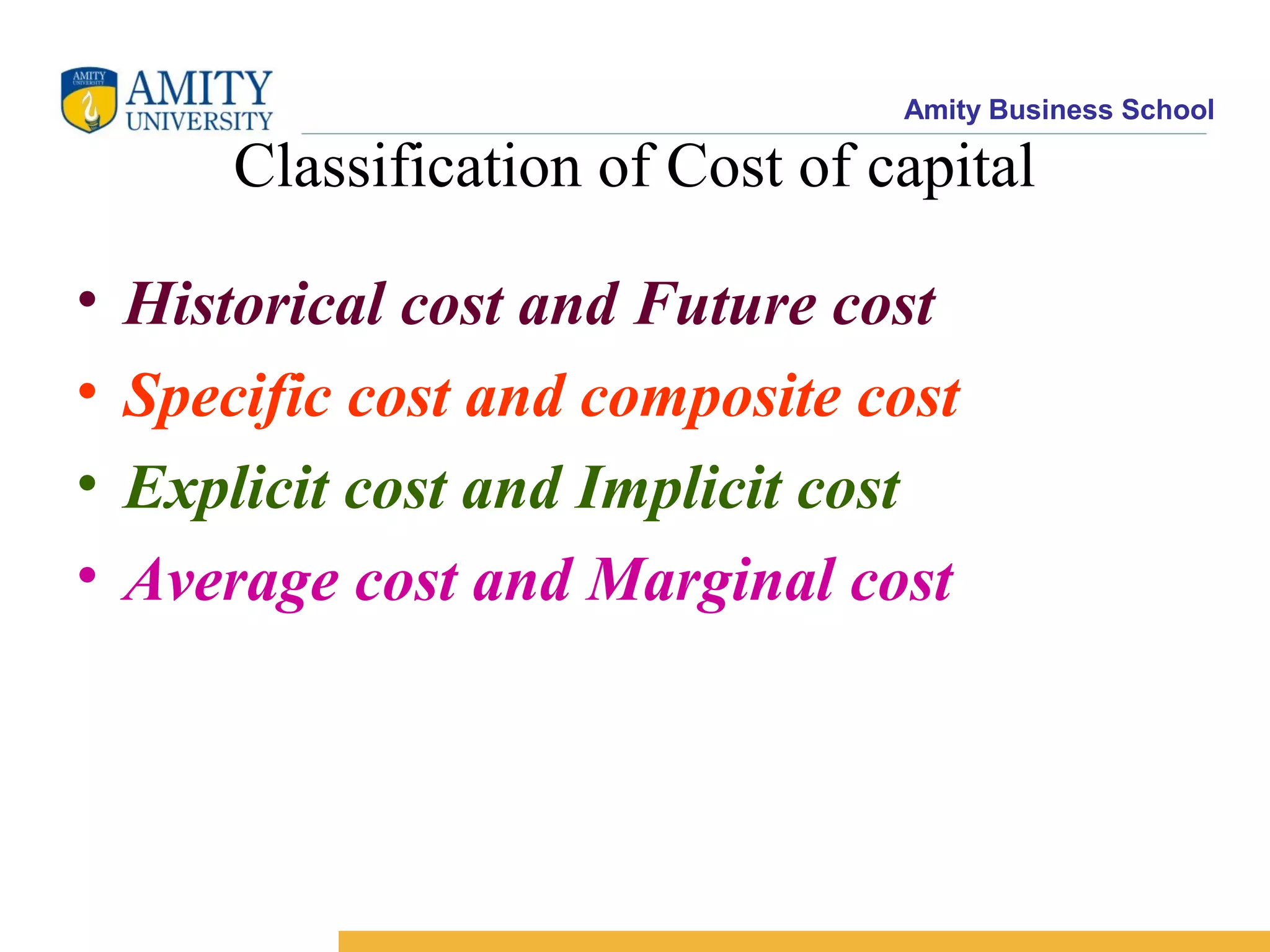 Amity Business School
Classification of Cost of capital
• Historical cost and Future cost
• Specific cost and composite cost
• Explicit cost and Implicit cost
• Average cost and Marginal cost
 