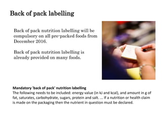 Back of pack labelling
Back of pack nutrition labelling will be
compulsory on all pre-packed foods from
December 2016.
Bac...