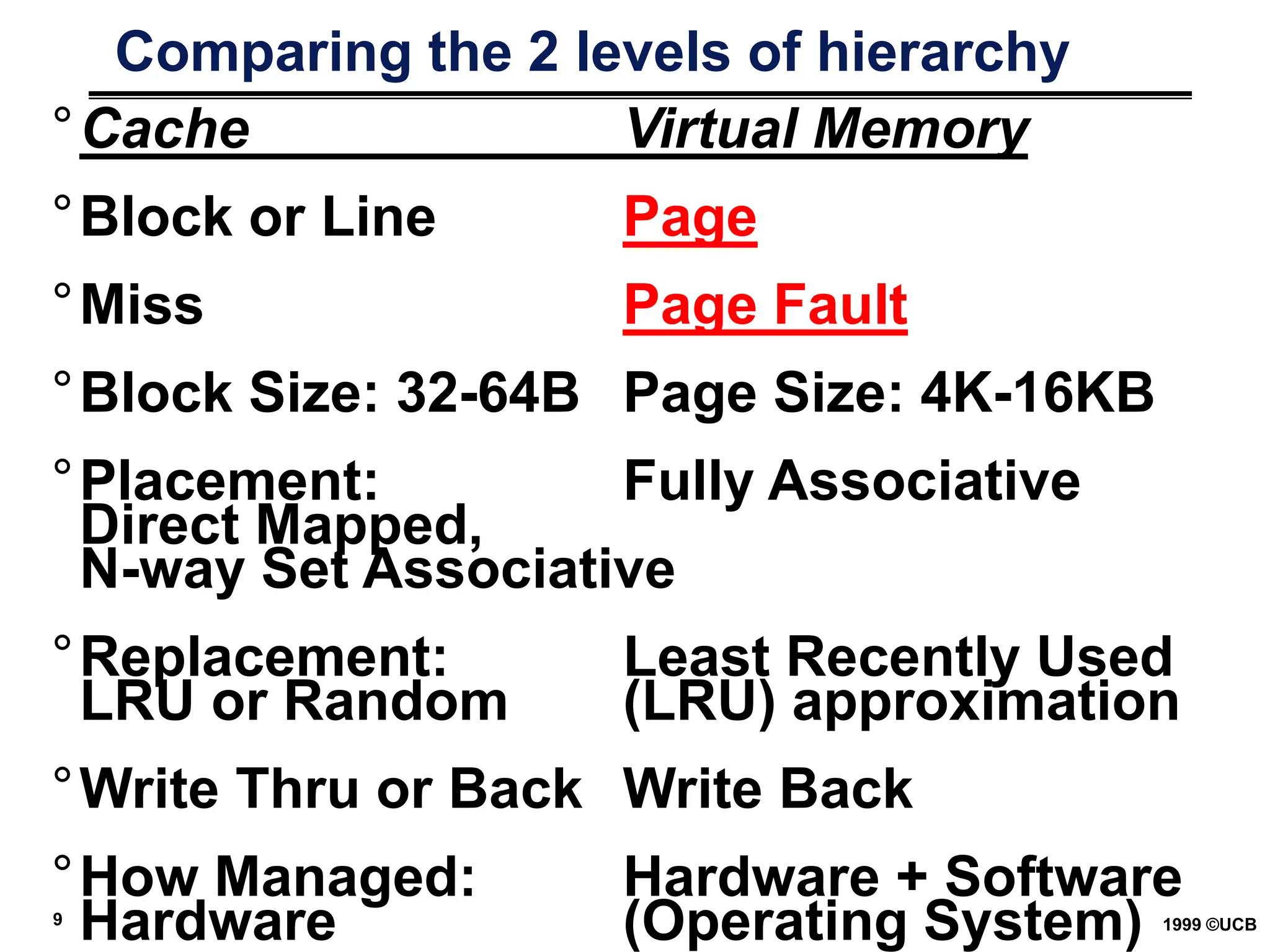 9 1999 ©UCB
Comparing the 2 levels of hierarchy
°Cache Virtual Memory
°Block or Line Page
°Miss Page Fault
°Block Size: 32-64B Page Size: 4K-16KB
°Placement: Fully Associative
Direct Mapped,
N-way Set Associative
°Replacement: Least Recently Used
LRU or Random (LRU) approximation
°Write Thru or Back Write Back
°How Managed: Hardware + Software
Hardware (Operating System)
 