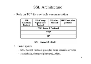 4
SSL Architecture
• Rely on TCP for a reliable communication
• Two Layers
– SSL Record Protocol provides basic security services
– Handshake, change cipher spec, Alert..
 