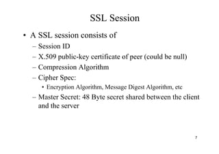 7
SSL Session
• A SSL session consists of
– Session ID
– X.509 public-key certificate of peer (could be null)
– Compression Algorithm
– Cipher Spec:
• Encryption Algorithm, Message Digest Algorithm, etc
– Master Secret: 48 Byte secret shared between the client
and the server
 
