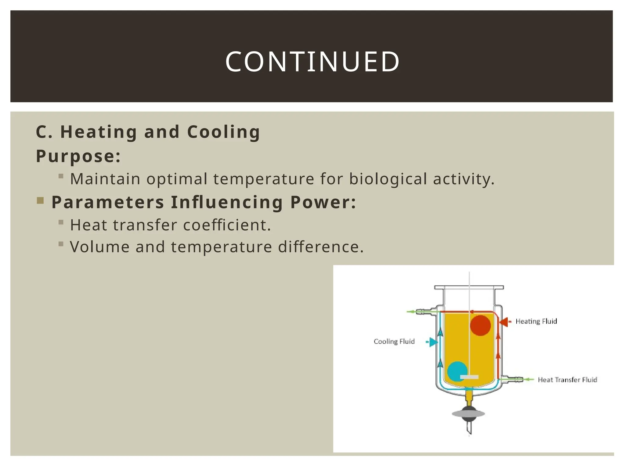 C. Heating and Cooling
Purpose:
 Maintain optimal temperature for biological activity.
 Parameters Influencing Power:
 Heat transfer coefficient.
 Volume and temperature difference.
CONTINUED
 