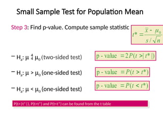 Small Sample Test for Population Mean
Step 3: Find p-value. Compute sample statistic
n
s
x
t
/
* 0



– Ha: m  m0 (two-sided test)
– Ha: m > m0 (one-sided test)
– Ha: m < m0 (one-sided test)
|)
*
|
(
2
value
-
p t
t
P 

*)
(
value
-
p t
t
P 

*)
(
value
-
p t
t
P 

P(t>|t*|), P(t>t*) and P(t<t*) can be found from the t table
 