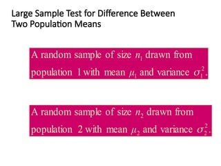 Large Sample Test for Difference Between
Two Population Means
.
variance
and
mean
with
1
population
from
drawn
size
of
sample
random
A
2
1
1
1

μ
n
.
variance
and
mean
with
2
population
from
drawn
size
of
sample
random
A
2
2
2
2

μ
n
 