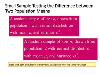 Small Sample Testing the Difference between
Two Population Means
.
variance
and
mean
with
on
distributi
normal
with
1
population
from
drawn
size
of
sample
random
A
2
1
1

μ
n
.
variance
and
mean
with
on
distributi
normal
with
2
population
from
drawn
size
of
sample
random
A
2
2
2

μ
n
Note that both population are normally distributed with the same variances
 