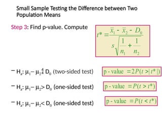 Small Sample Testing the Difference between Two
Population Means
Step 3: Find p-value. Compute
– Ha: m1- m2 D0 (two-sided test)
– Ha: m1- m2> D0 (one-sided test)
– Ha: m1- m2< D0 (one-sided test)
|)
*
|
(
2
value
-
p t
t
P 

*)
(
value
-
p t
t
P 

*)
(
value
-
p t
t
P 

1
1
*
2
1
0
2
1
n
n
s
D
x
x
t




 