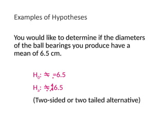 Examples of Hypotheses
You would like to determine if the diameters
of the ball bearings you produce have a
mean of 6.5 cm.
H0: =6.5
Ha:  
6.5
(Two-sided or two tailed alternative)
 