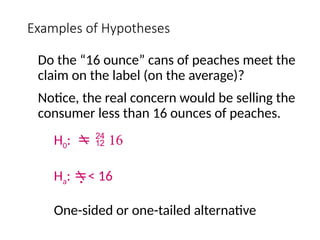 Examples of Hypotheses
Do the “16 ounce” cans of peaches meet the
claim on the label (on the average)?
Notice, the real concern would be selling the
consumer less than 16 ounces of peaches.
H0: 16
 
Ha: < 16
One-sided or one-tailed alternative
 