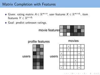 Matrix Completion with Features
Given: rating matrix A ∈ Rm×n, user features X ∈ Rm×d1 , item
features Y ∈ Rn×d2
Goal: predict unknown ratings.
 