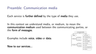 Preamble: Communication media
Each service is further defined by the type of media they use.
In this context we understand media, or medium, to mean the
communication medium used between the communicating parties, or
the form of messages.
Examples include voice, video or data.
Now to our services…
 